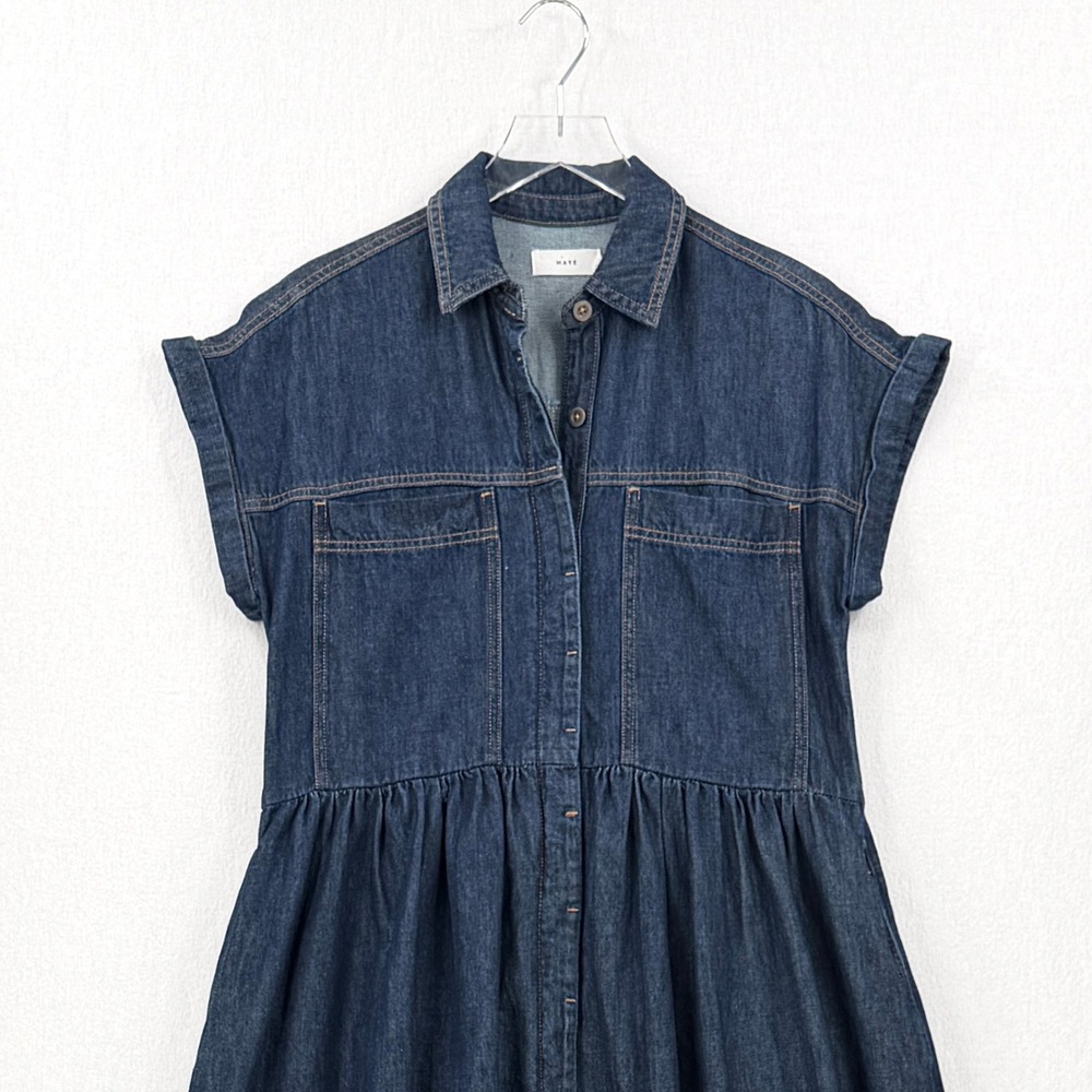 MAYE Harper Denim Dress Women XS Indigo Blue Button Front Midi Short Sleeve NEW - Picture 8 of 16